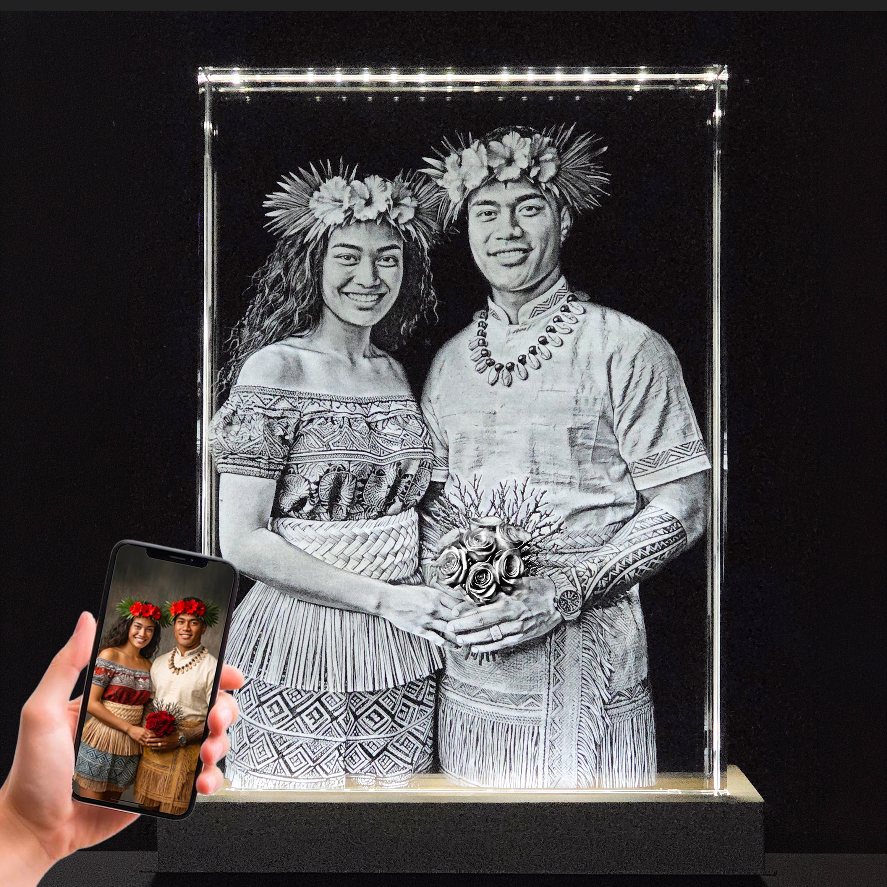 A jumbo 3D photo crystal rectangle shaped crystal with a Samoan couple laser engraved inside.