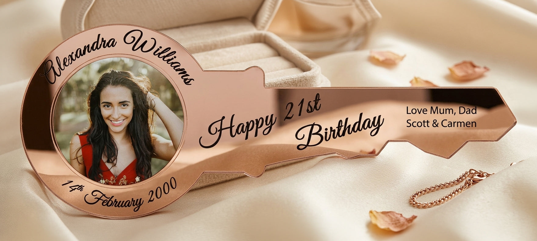 Personalized birthday key-shaped gift with text and a photo of a woman. rose gold acrylic