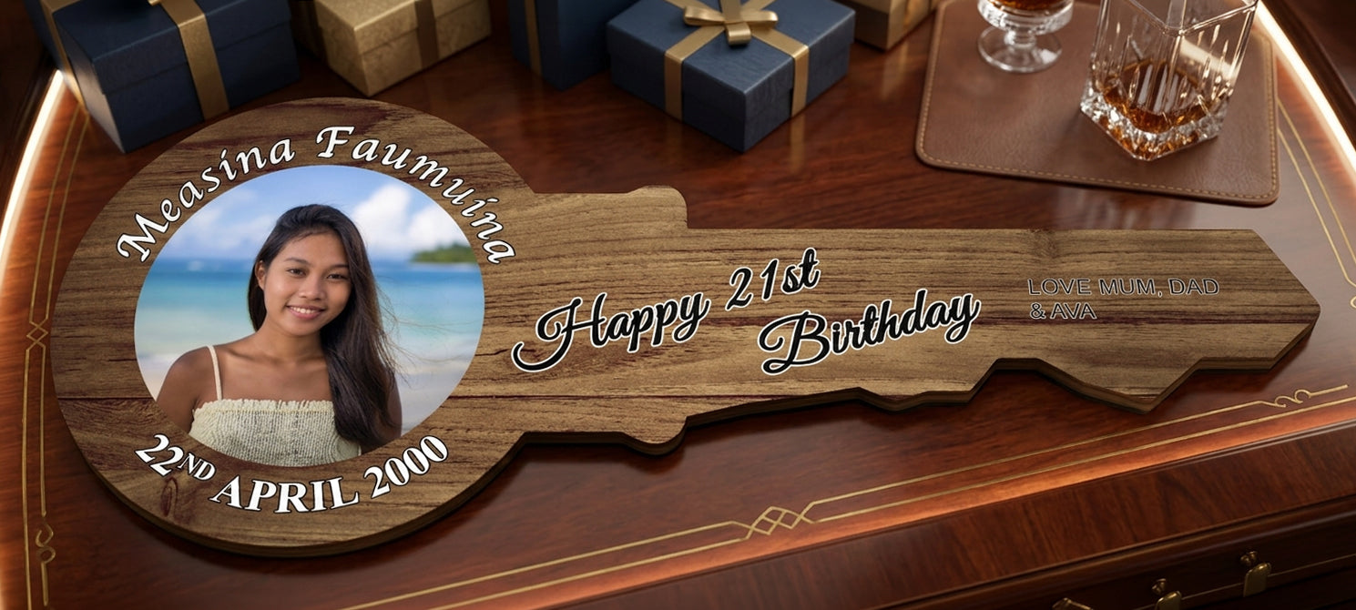 Wooden plaque with a photo of a woman and personalized text on a wooden surface. printed wood
